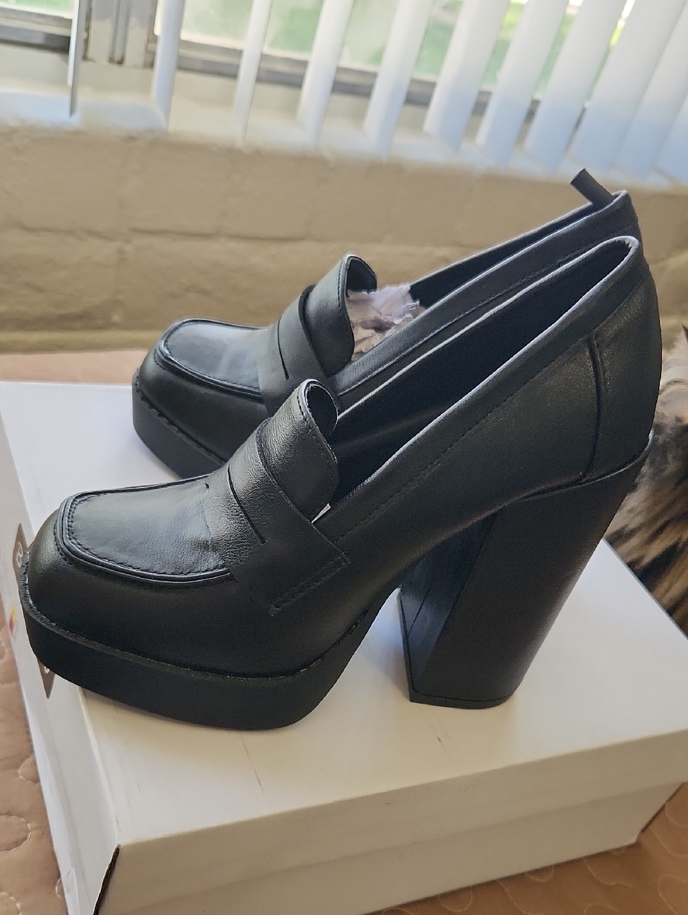 BAMBOO Black Platform Block Heel Loafers